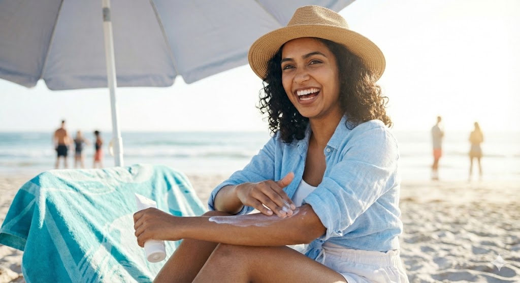 Model on the beach using sunscreen for dry skin in india 
