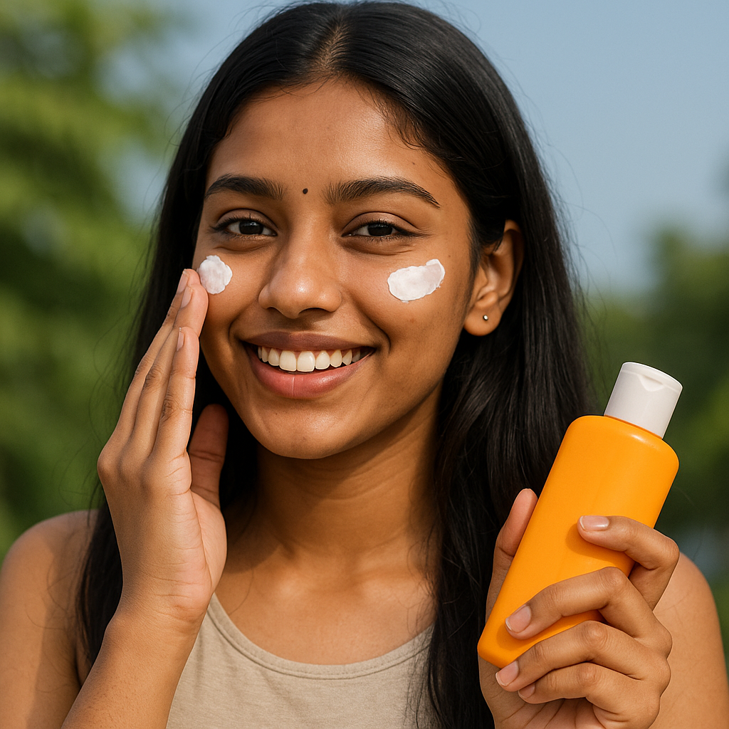 model applying sunscreen for dry skin to her face