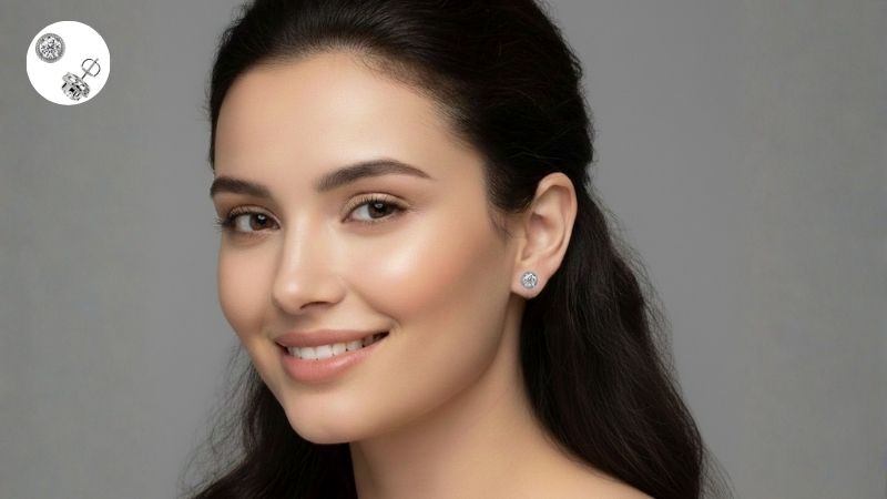  a woman wearing lab created diamond studs