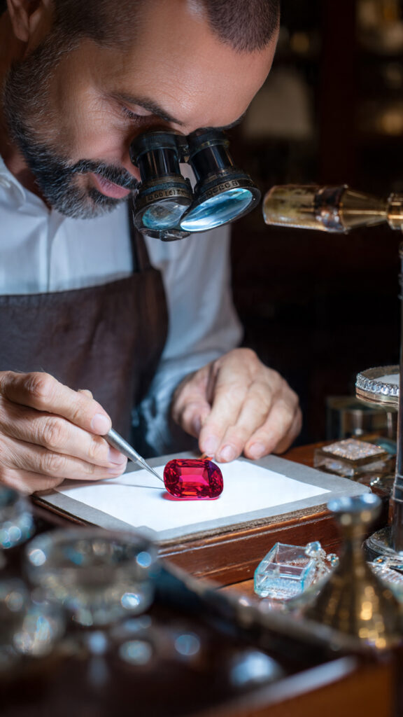 jeweler examing a Ruby with magnification 
