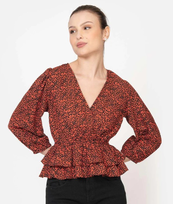 Model wearing A floral print on maroon and black western top