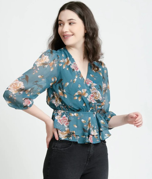 Model wearing greenj floral print western top 