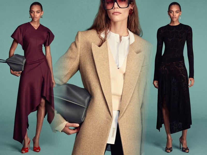 Victoria Beckham’s Pre-Fall 2026 models in beige blazer, black dress and burgundy dress
