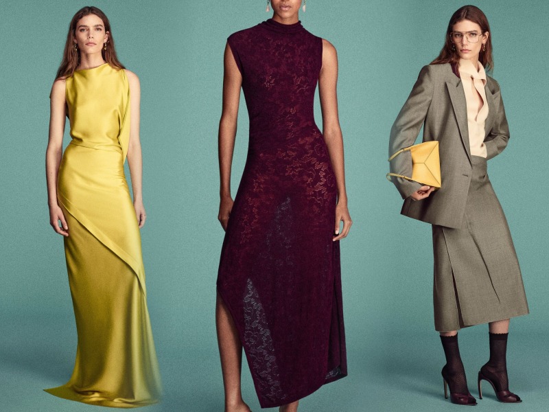Victoria Beckham’s Pre-Fall 2026 models in yellow wrap dress, maroon slit dress and gray blazer and skirt combo respectively 