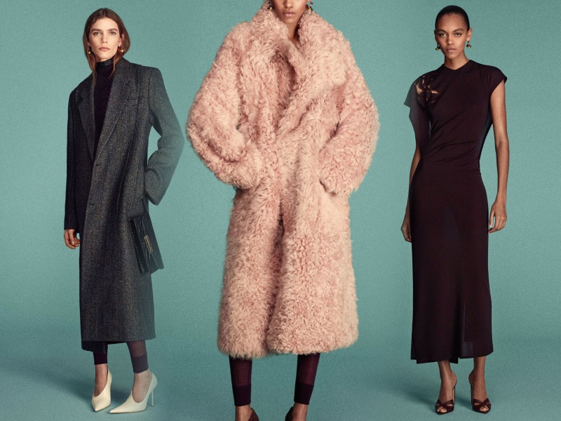 Models in pink furry jacket, full length gray coat and black sleeverless dress 