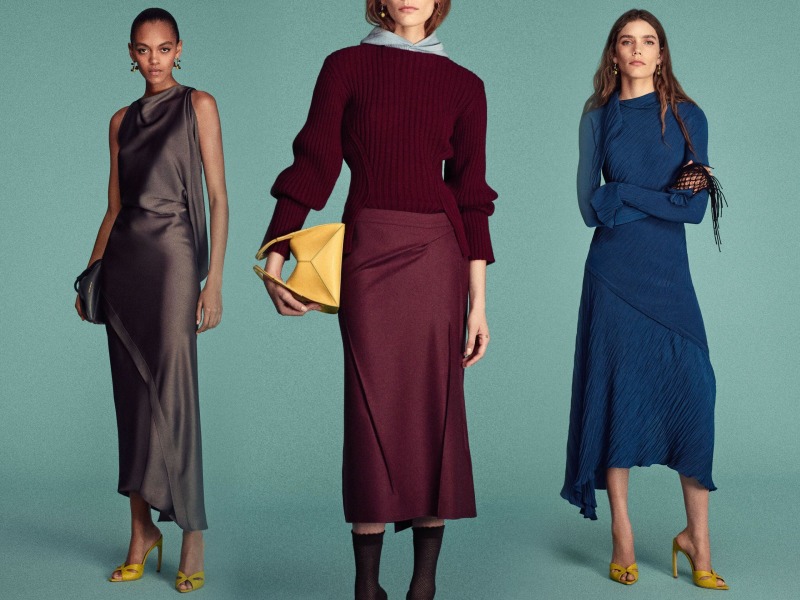 3 models wearing maroon skirt with overszied sweater top, matalic sleeveless dress and blue wrap style dress 