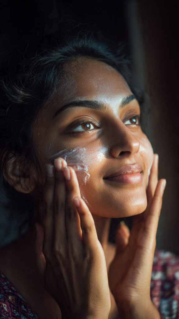 woman applying beaty cream to face in flypped hindi news