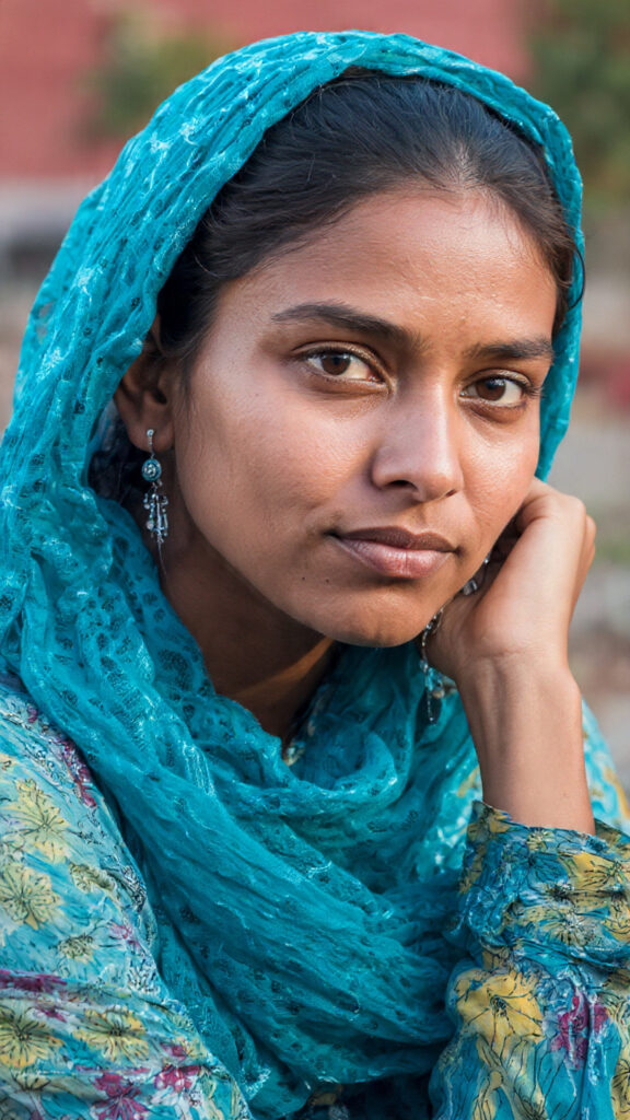 Pakistani girl wearing sensitive earrings with blue dress