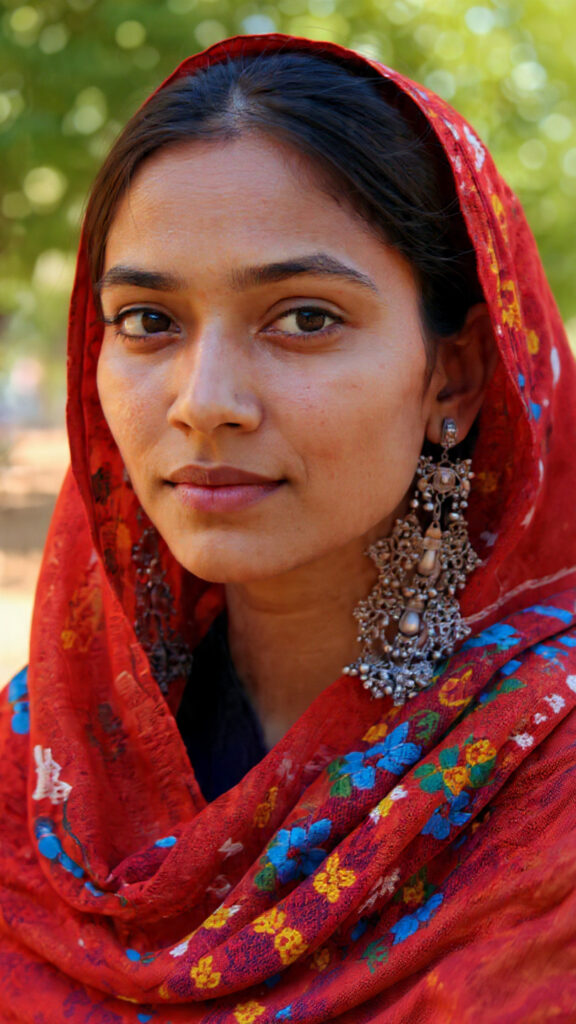 Pakistani girl wearing sensitive earrings with red dress