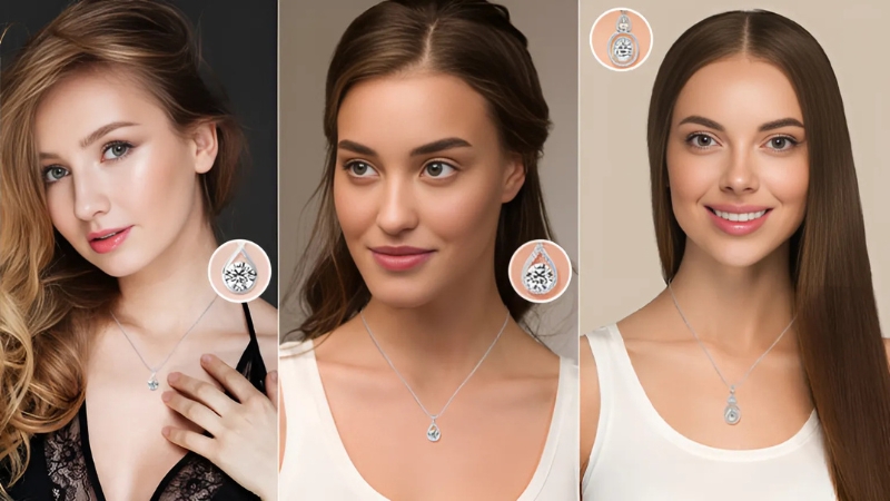 3 models wearing Lab grown diamond pendants