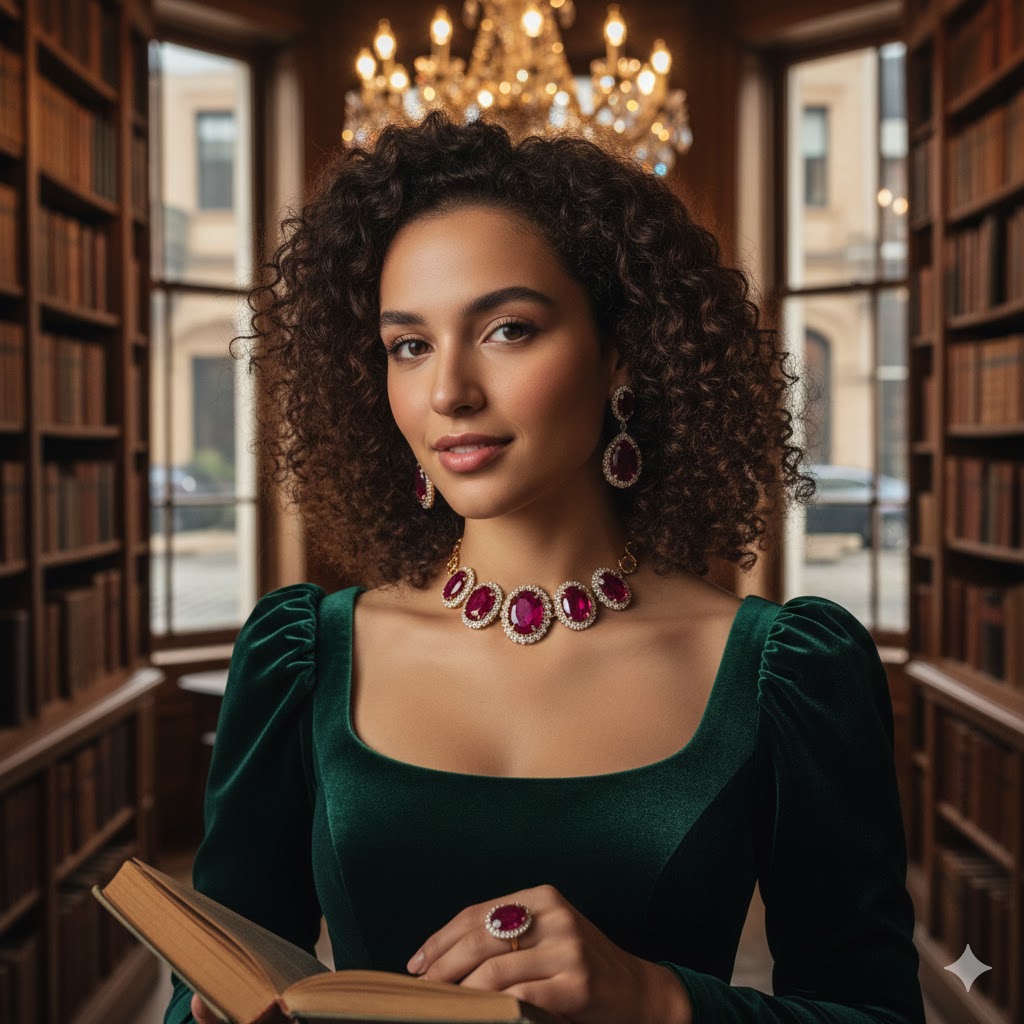 Model wearing Ruby stone jewelry