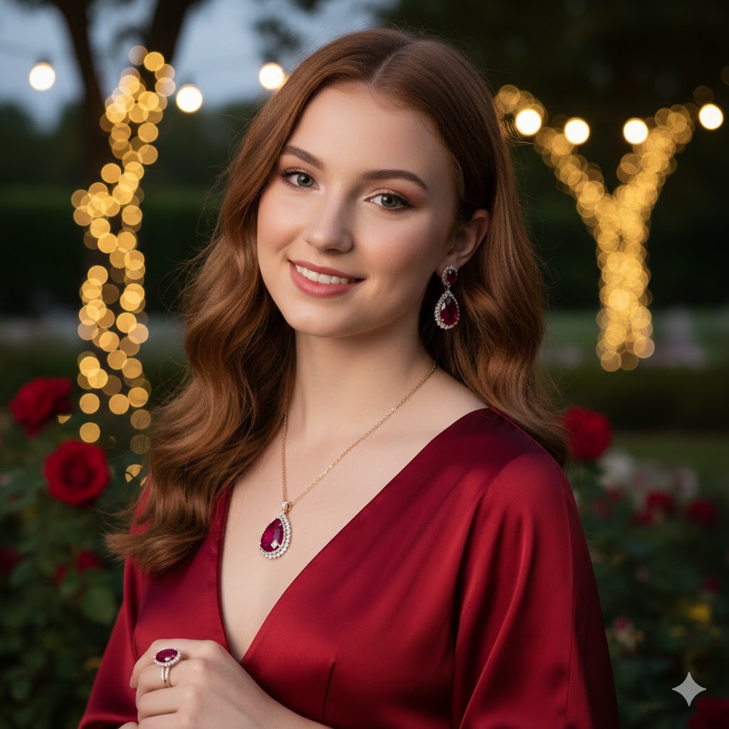 Model wearing red dress and Ruby jewelry