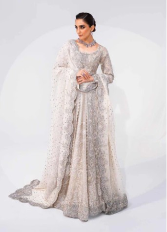 Model wearing Pakistani bridal dress with cape