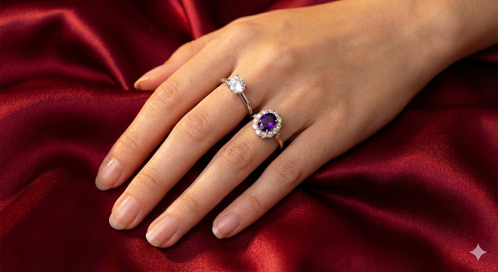 hand with White Sapphire and Purple Sapphire rings