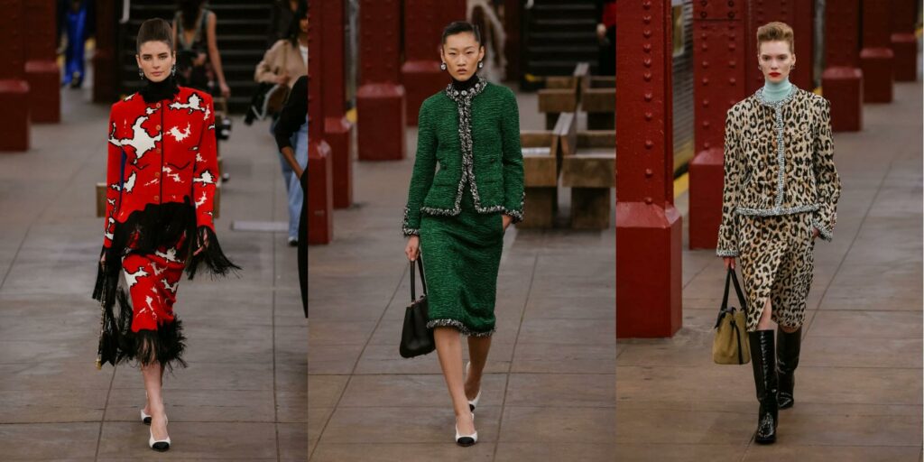 Chanel Métiers d’Art 2026 Jackets with matching skirts Red Print with black edging, green, and leopard print