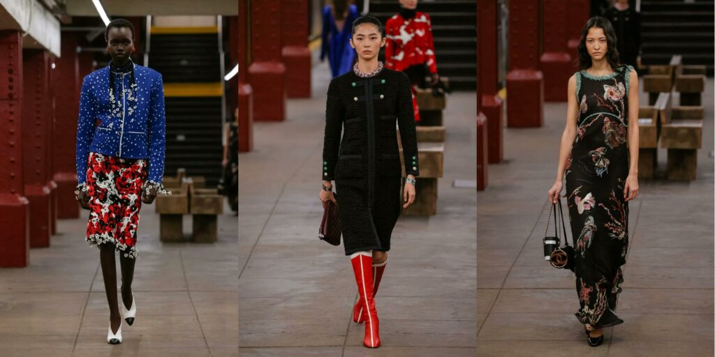 Bleu jacket and red print skirt, black jacket with matching skirt, and floral print maxi dress