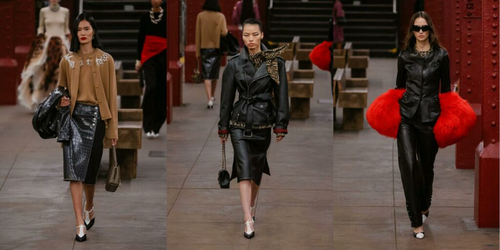 Chanel Métiers d’Art 2026 Beige sweater with leather jacket and matching leather skirt, Leather Blazer with matching leather skirt, and leather coat with matching leather pants.