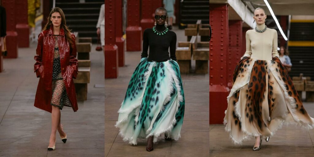 See through mesh dress under a blown leather long jacket, Black long sleve knit top with flowing green and white skirt, white knit top with flowing brown and white print skirt