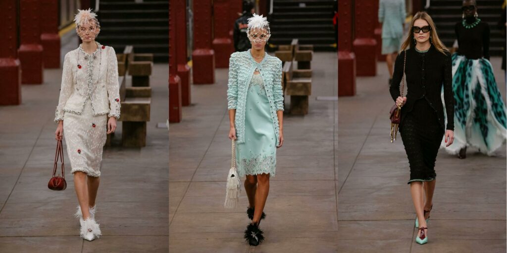 Chanel Métiers d’Art 2026 White blazer with matching white skirt, light green Long green sweater with sleeveless midi dress, and black midi dress