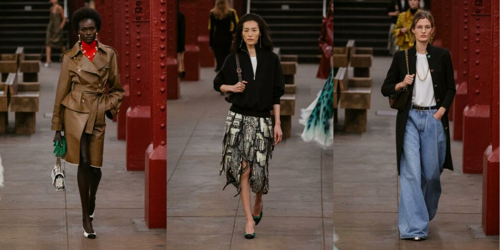 Light brown double breasted leather jacket with matching skirt, black jacket with print skirt, long black jacket with flare bottom jeans