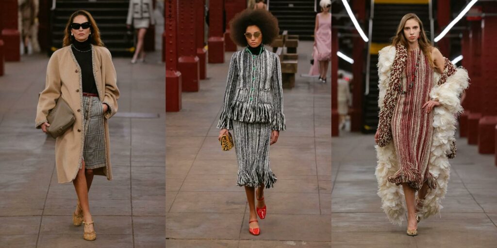 Chanel Métiers d’Art 2026 Long Beige jacket with check button front skirt, Multi colored strpied jacket with matching skirt, and midi dress stiped burgundy and white.