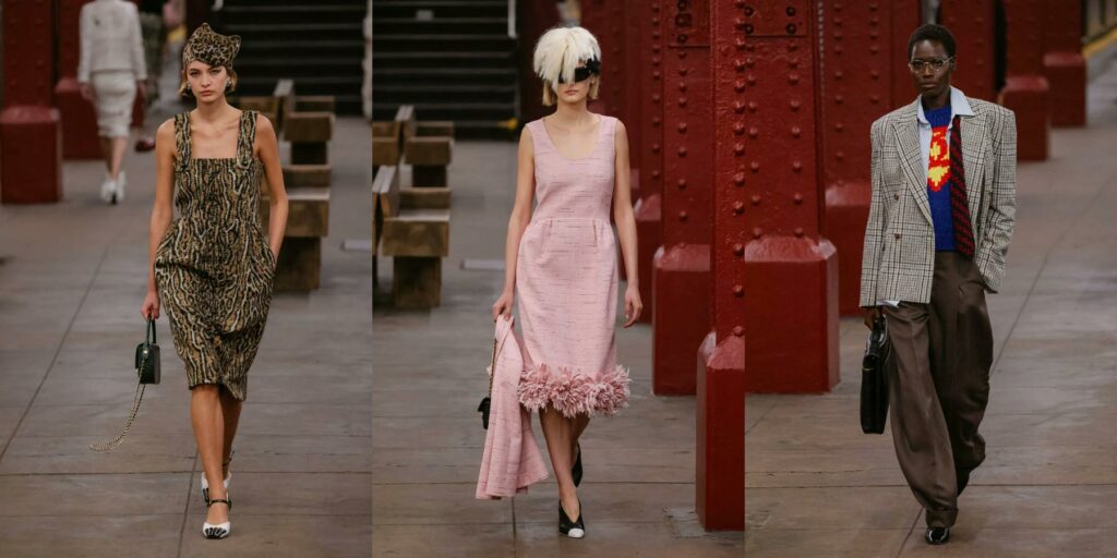 Chanel Métiers d’Art 2026 Snake colored print frock, Pink frock, and large checked blazer with puffy style brown pants