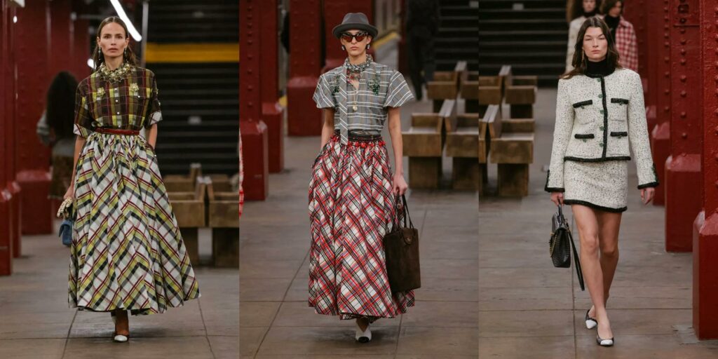Checked shirt with gree print skirt, Black checked shirt with red and white checked skirt, white balzer with black trim and matching skirt.