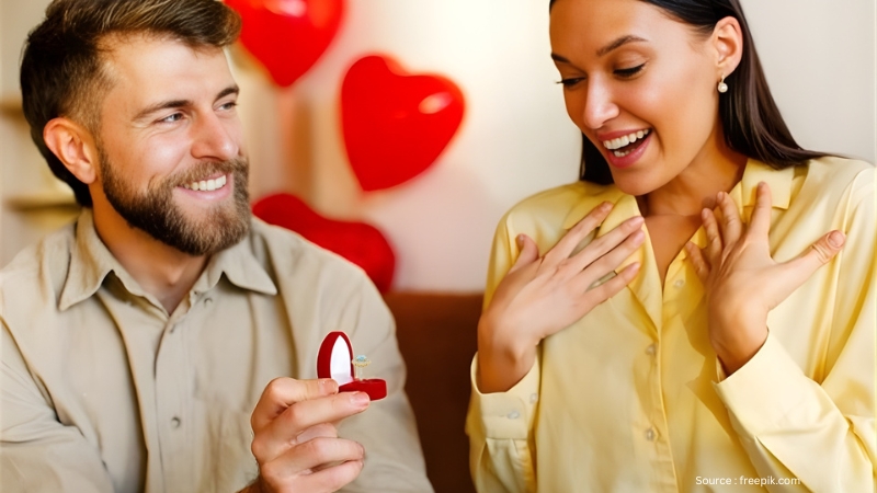A guy is proposing to his girl with an Aquamarine Gemstone ring