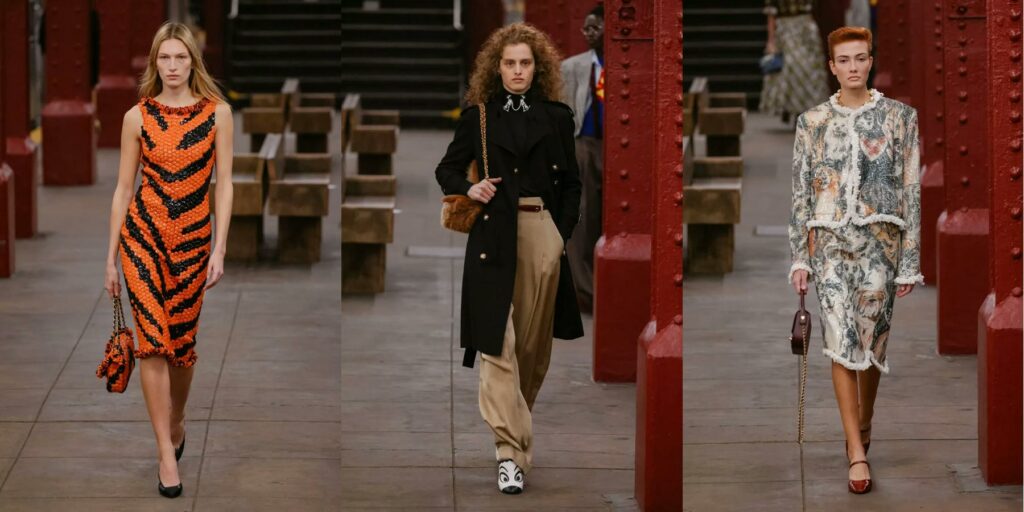 Chanel Métiers d’Art 2026 Orange tiger striped dress made with beads, Long black jacket with beige pleated pants, and floral blazer with white trim and matching skirt