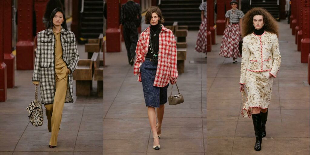 Long black checked coat with beige shirt and slacks, Red checked oversized dress with black top and jeans skirt, and light floral print balzer white with red trim and matching skirt