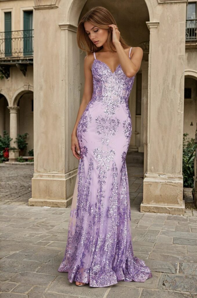 Model in purple dress and other wholesale apparel