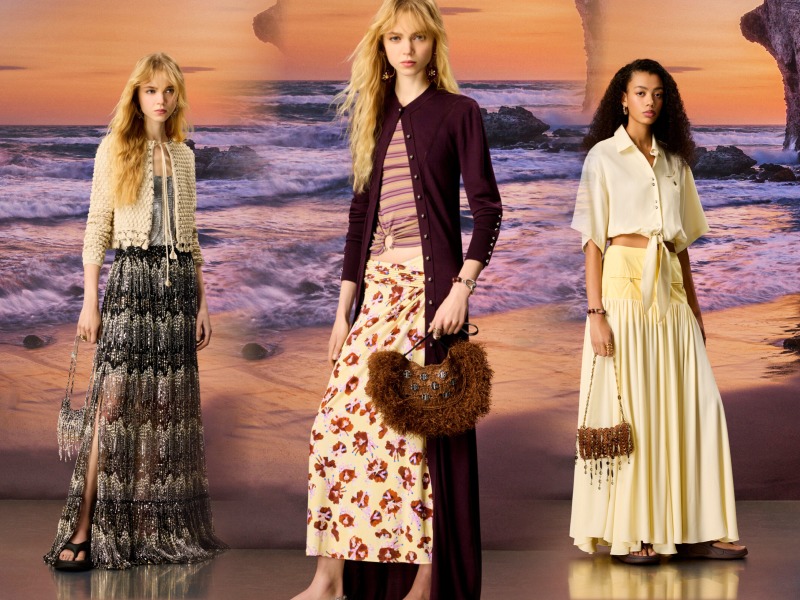 Rabanne Pre-Fall 2026 collection Print maxi dress with crochet sweater, pink striped pekaboo blouse with long print skirt and full length jacket, white croped button up blouse with long biege skirt.