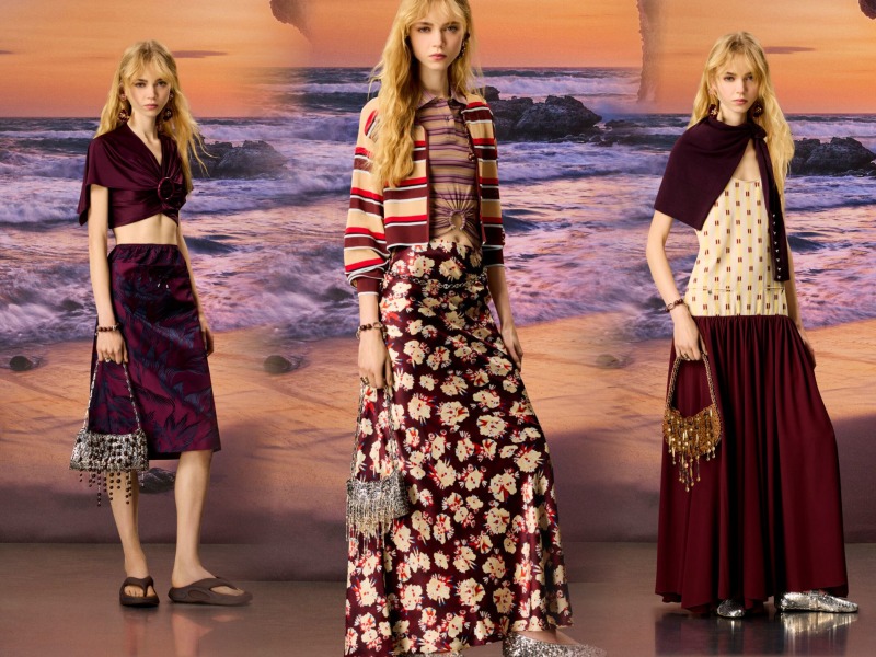 Maroon crop top blouse with matching midid skirt, Maroon striped peekaboo blouse with full length skirt with striped sweater, and print skeeveless white dress with full length maroon skirt and sweater type wrap. Rabanne Pre-Fall 2026 collection