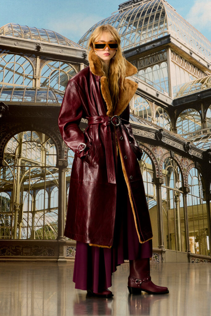 Full length fur lined leatyher coat with maroon dress Rabanne Pre-Fall 2026 collection