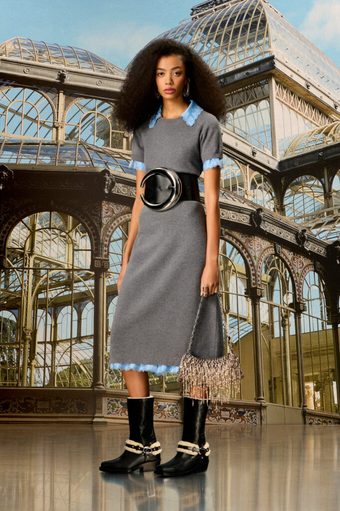 sweater dress with blue lace accent and oversized belt