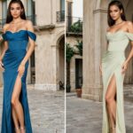 Fashion wholesalers using targeted marketing tactics to show slit skirt off the shoulder evening dresses