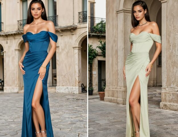 Fashion wholesalers using targeted marketing tactics to show slit skirt off the shoulder evening dresses