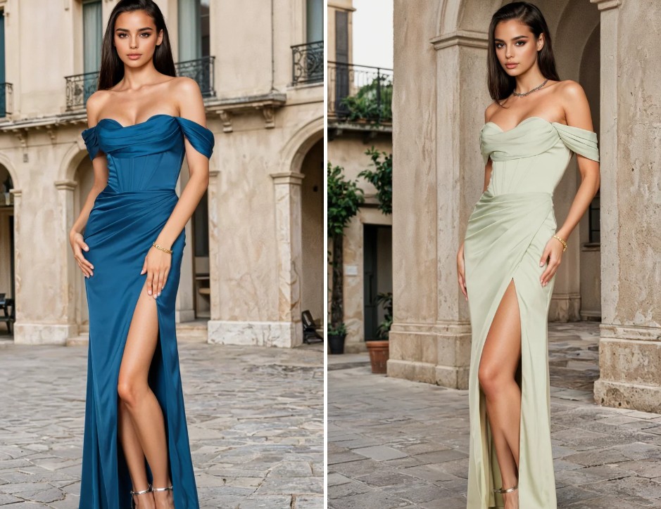 Fashion wholesalers using targeted marketing tactics to show slit skirt off the shoulder evening dresses