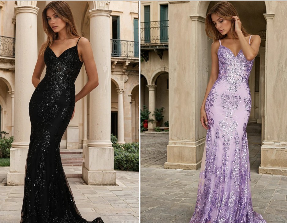 Fashion wholesalers using targeted marketing tactics to show spagheti straped evening gowns