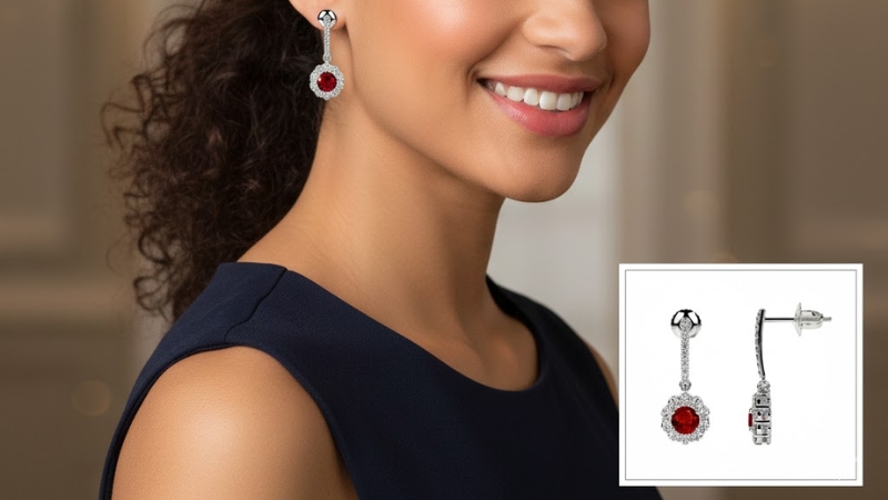 Model wearing Ruby stud earrings