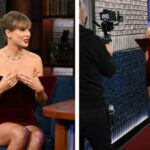 Taylor Swift in a David Koma Velvet Mini Dress on The Late Show With Stephen Colbert