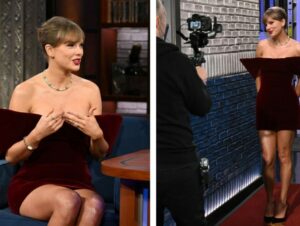 Taylor Swift in a David Koma Velvet Mini Dress on The Late Show With Stephen Colbert