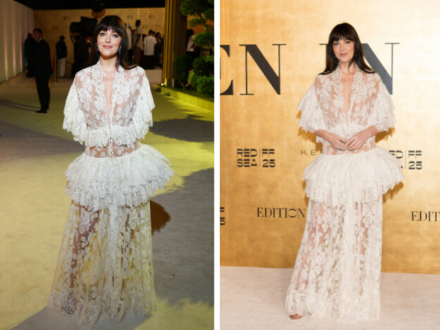 Dakota Johnson at the 2025 Red Sea International Film Festival in a bespoke black cutout dress by Alessandra Rich