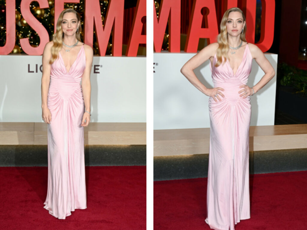 Amanda Seyfried Dazzles in Custom Versace Ruched Gown at "The Housemaid" NYC Screening