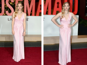 Amanda Seyfried Dazzles in Custom Versace Ruched Gown at "The Housemaid" NYC Screening