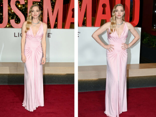 Amanda Seyfried Dazzles in Custom Versace Ruched Gown at "The Housemaid" NYC Screening