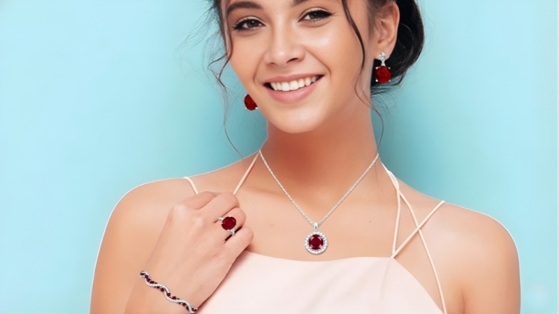 a woman wearing Ruby Gemstone Jewelry